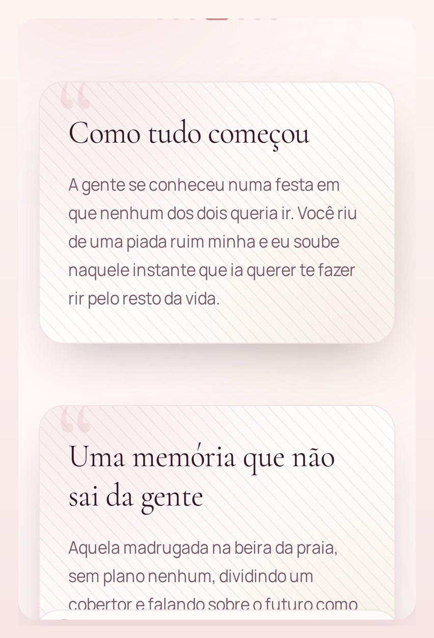 Captura real da experiência: blocos de história e memória do casal